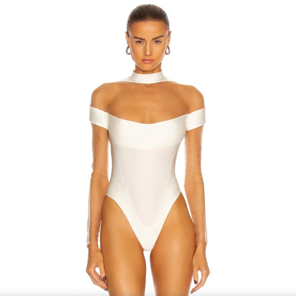 NEW Mugler Illusion Long Sleeve Bodysuit in White Nude - Cutout Mesh - 34 / 2